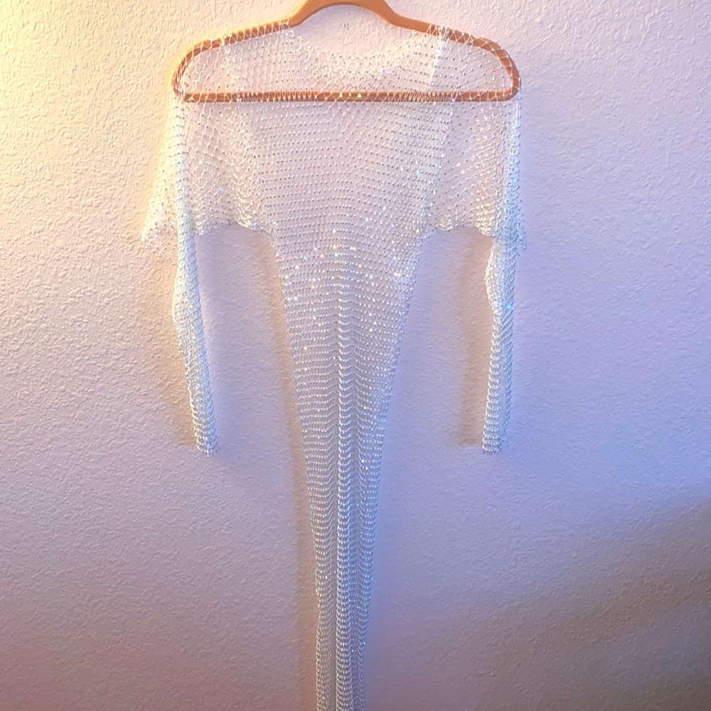 White fishnet rhinestone long sleeve floor length dress size small / stretchy
